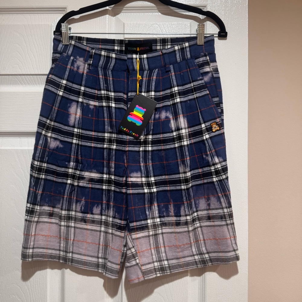 Teddy Fresh Men Blue Plaid Flat Front Shorts Tye Dye Size 28 NEW